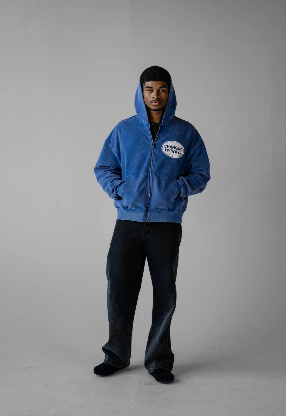 HAVE MERCY" WASHED BLUE ZIP UP HOODIE