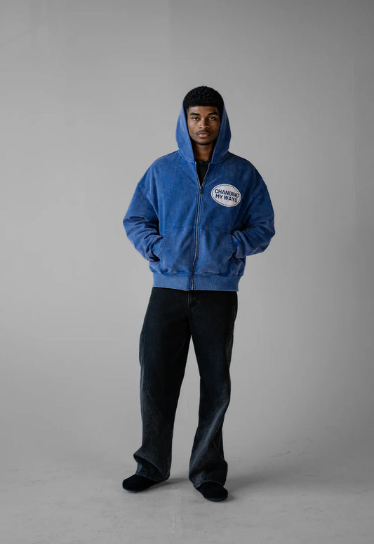 HAVE MERCY" WASHED BLUE ZIP UP HOODIE