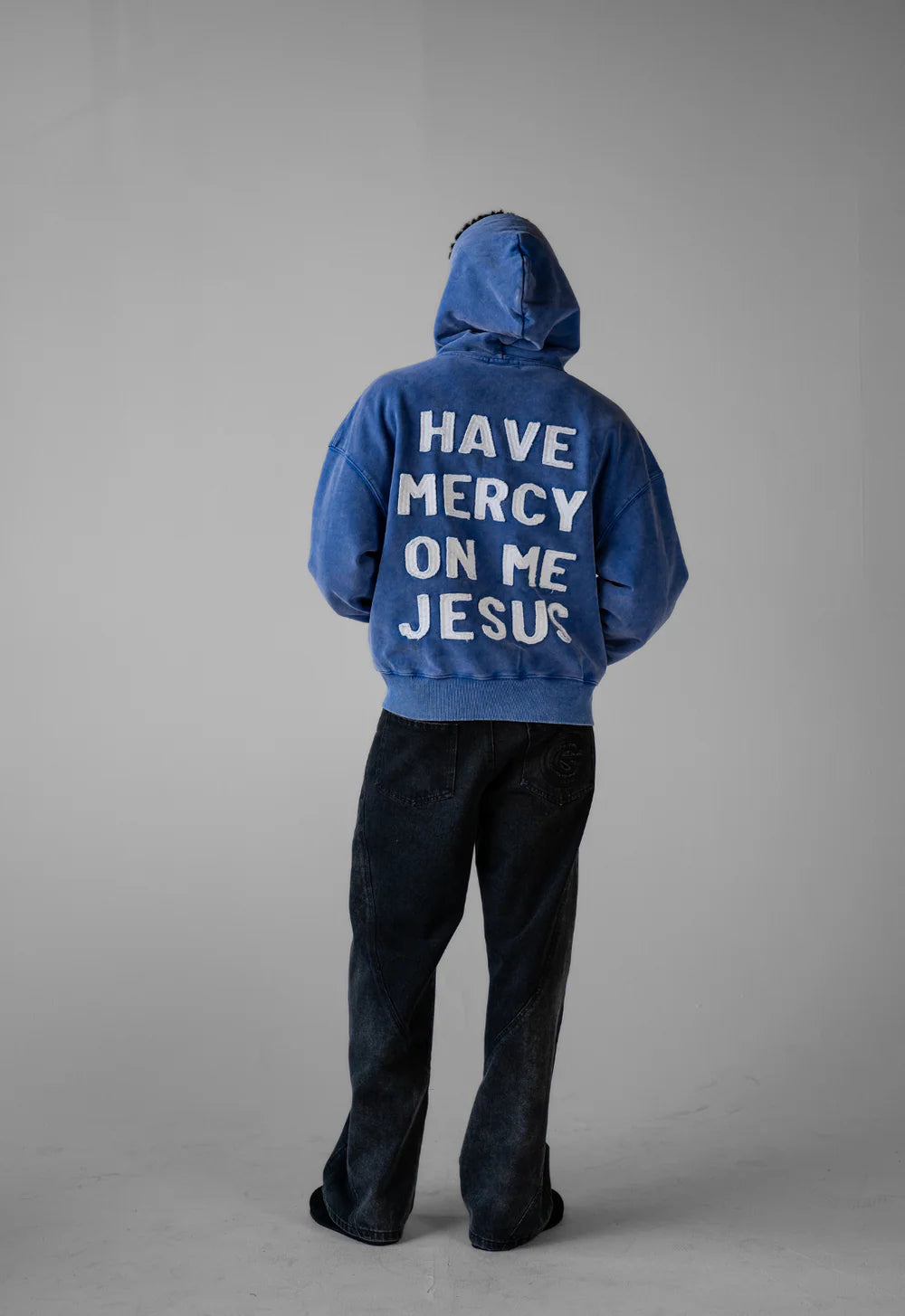 HAVE MERCY" WASHED BLUE ZIP UP HOODIE