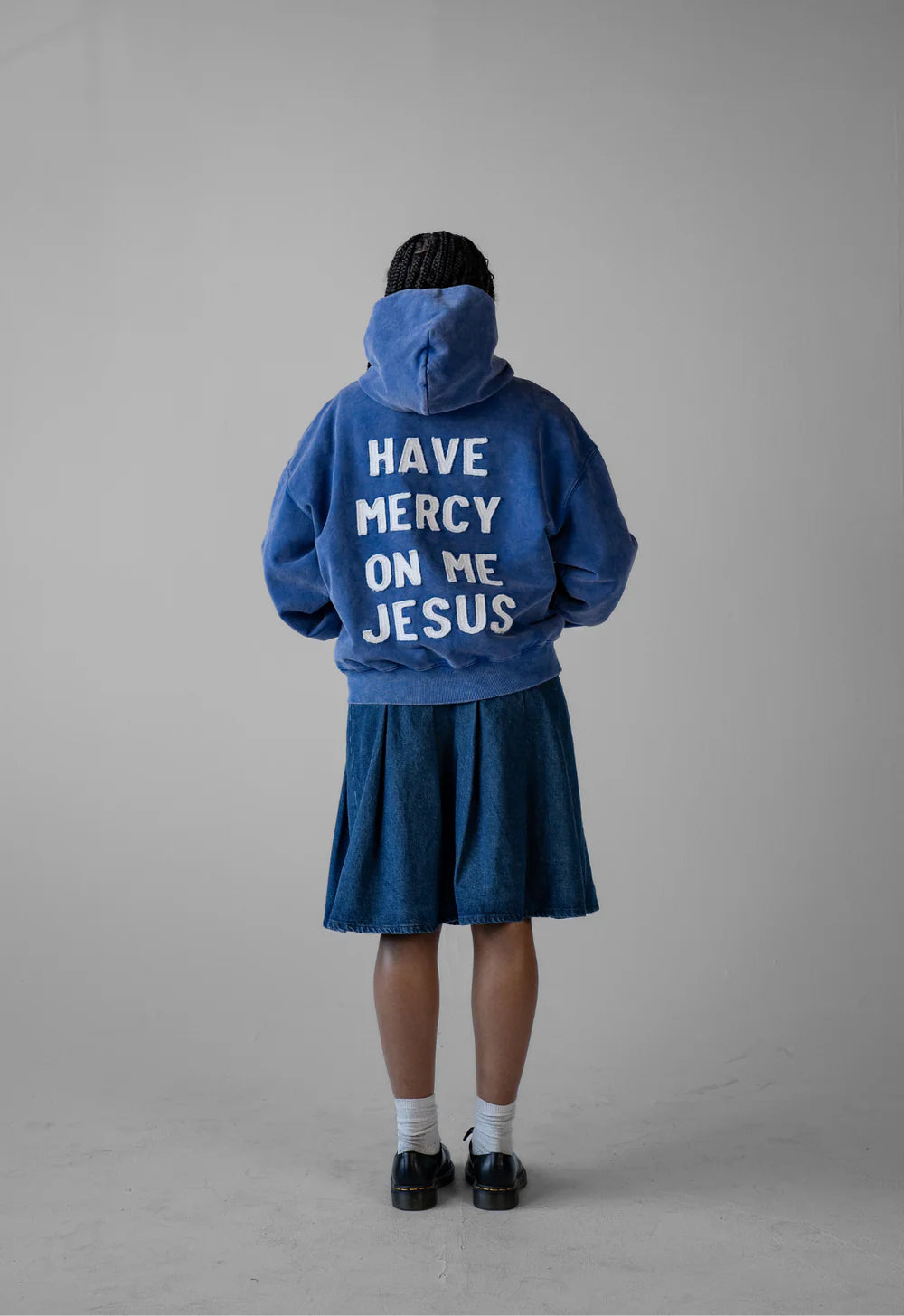 HAVE MERCY" WASHED BLUE ZIP UP HOODIE