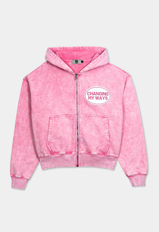 HAVE MERCY" DISTRESSED WASHED PINK ZIP UP HOODIE