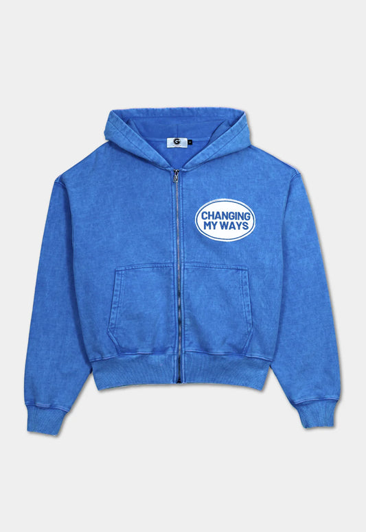 HAVE MERCY" WASHED BLUE ZIP UP HOODIE