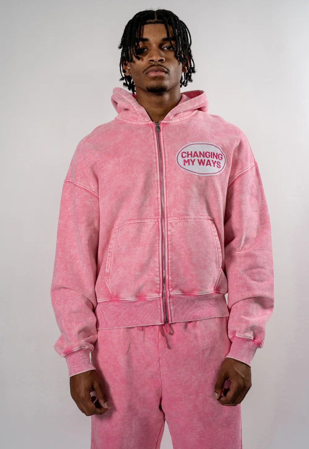 HAVE MERCY" DISTRESSED WASHED PINK ZIP UP HOODIE