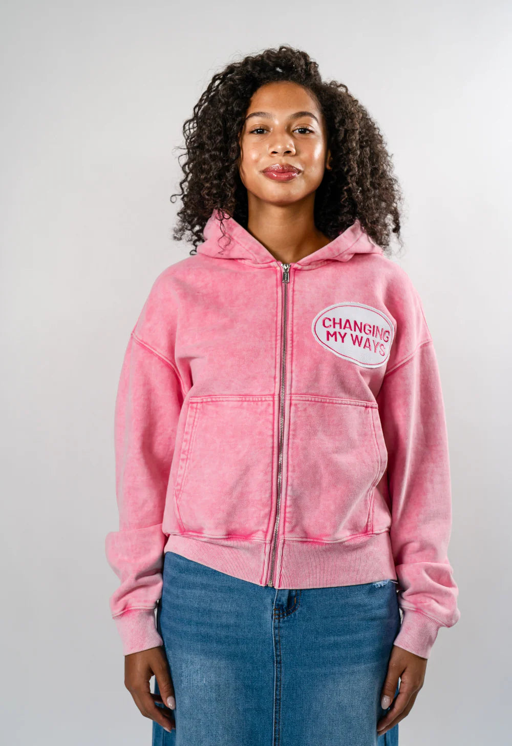 HAVE MERCY" DISTRESSED WASHED PINK ZIP UP HOODIE