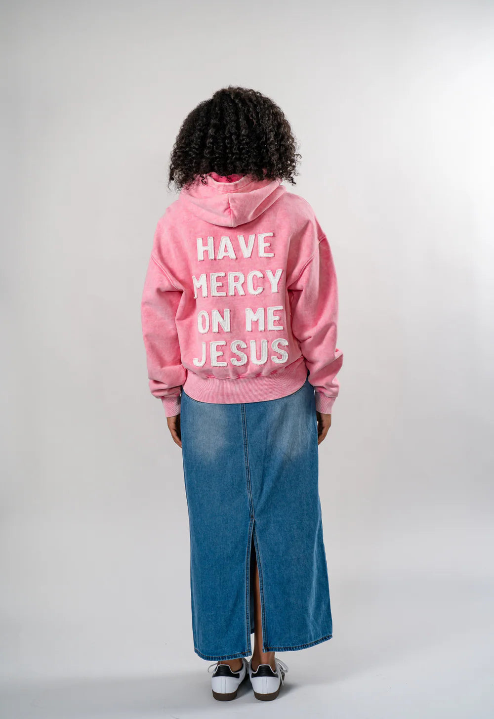 HAVE MERCY" DISTRESSED WASHED PINK ZIP UP HOODIE