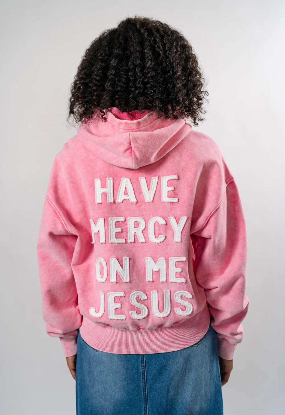 HAVE MERCY" DISTRESSED WASHED PINK ZIP UP HOODIE