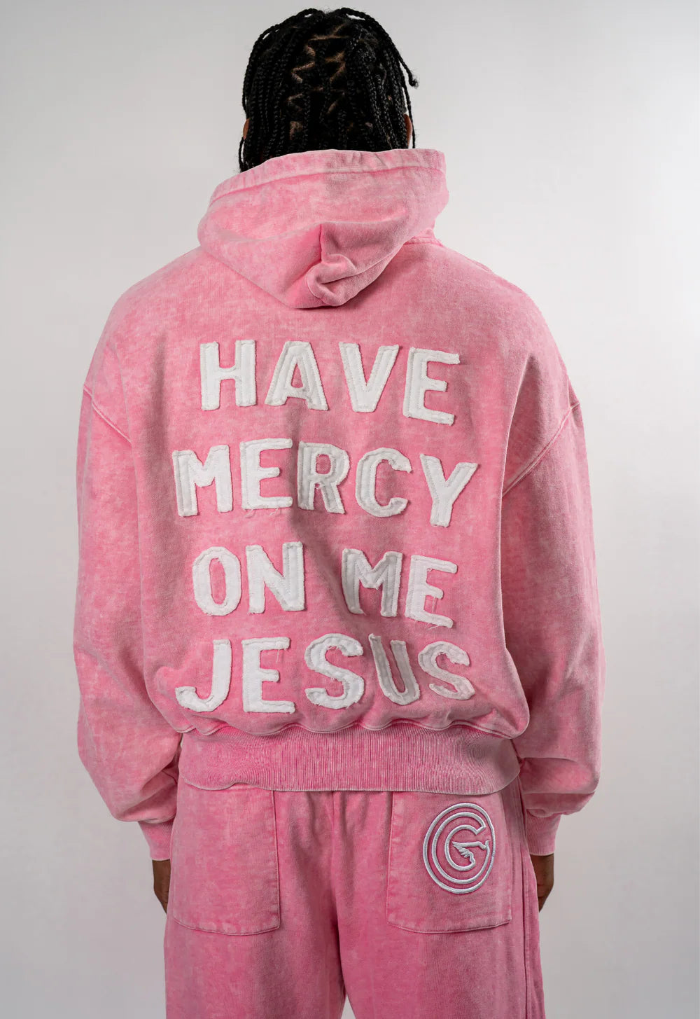 HAVE MERCY" DISTRESSED WASHED PINK ZIP UP HOODIE