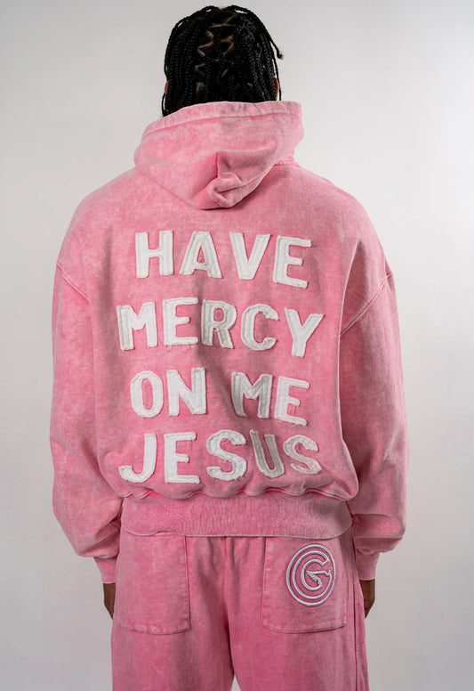 HAVE MERCY" DISTRESSED WASHED PINK ZIP UP HOODIE